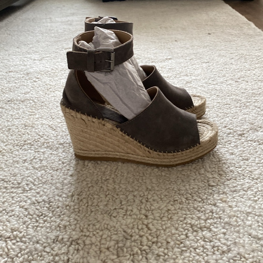 Garnet Hill Leather/Suede Charcoal Gray Espadrille Wedges Size 39 U.S. 8 1/2- 9